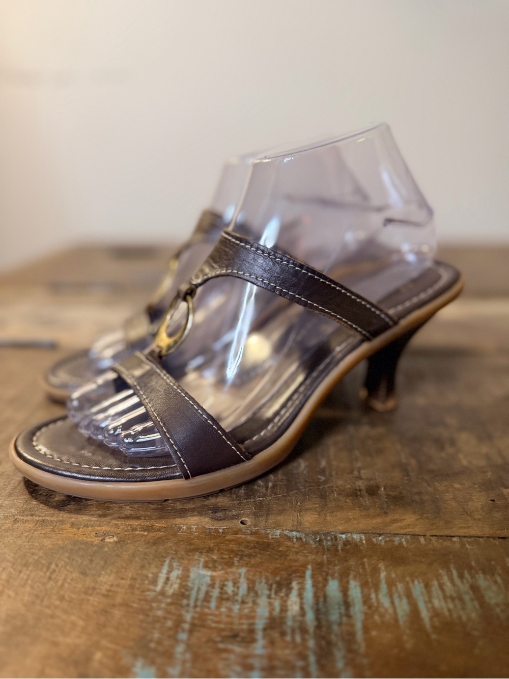 Brown Leather Kitten Heel Slide Sandals